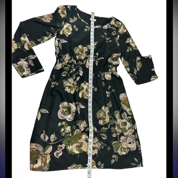 J.Crew Floral Gold Green Black Long Sleeve Cinched Waist Mini Dress Size 4 - Picture 4 of 10